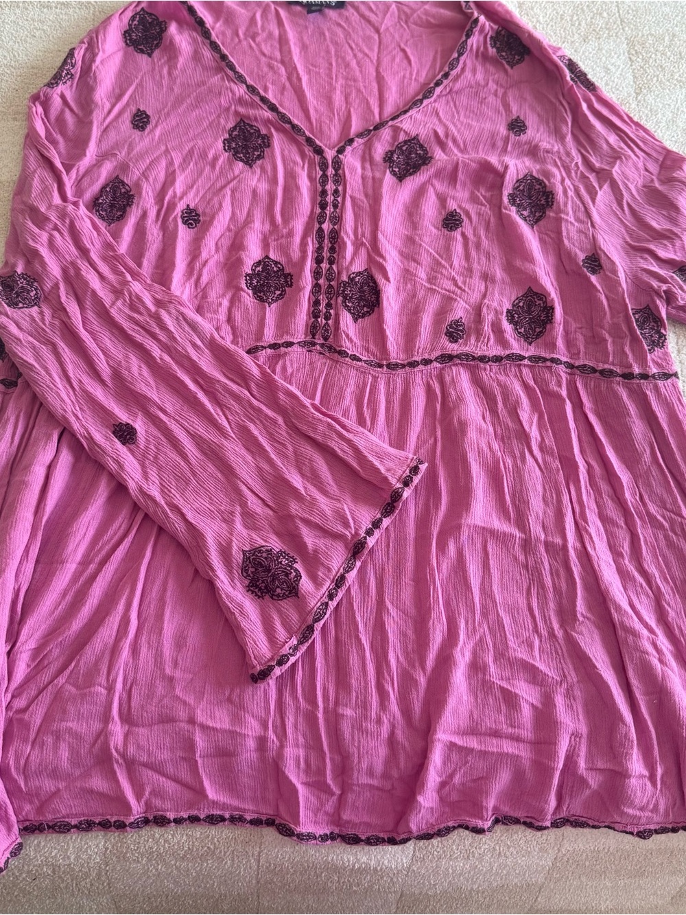 Roaman's Pink Long-Sleeve Embroidered V-Neck Tunic